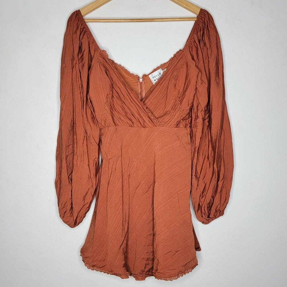 Hello Molly Medium Coming Of Age Mini Dress Rust Orange Long Sleeve‎ V-Neck